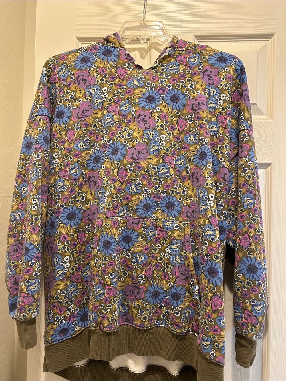 NATURAL LIFE Olive Floral Hoodie with Blue & Pink Accents